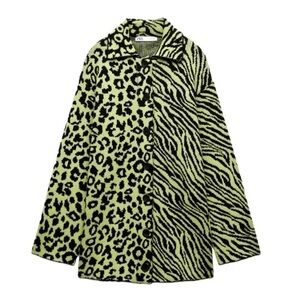 Zara Green and Black Patterned Animal Knit Sweater Cardigan Zebra Leopard Size L
